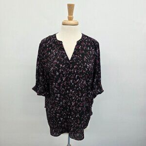Maurices Womens Floral Print Blouse Size 0X (14) V-Neck 3/4 Sleeve Black Career